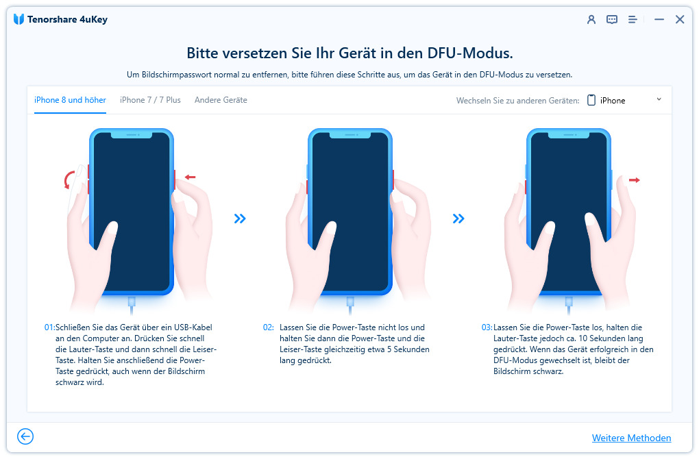 4uKey iphone in den DFU Modus versetzen