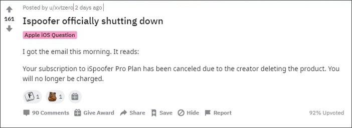 Abonnement für den iSpoofer Pro Plan wurde gekündigt